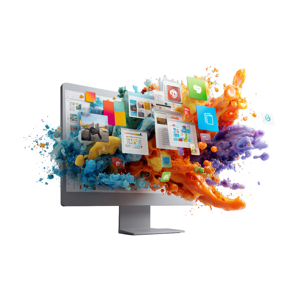 Picture of creative apps bursting from a computer monitor