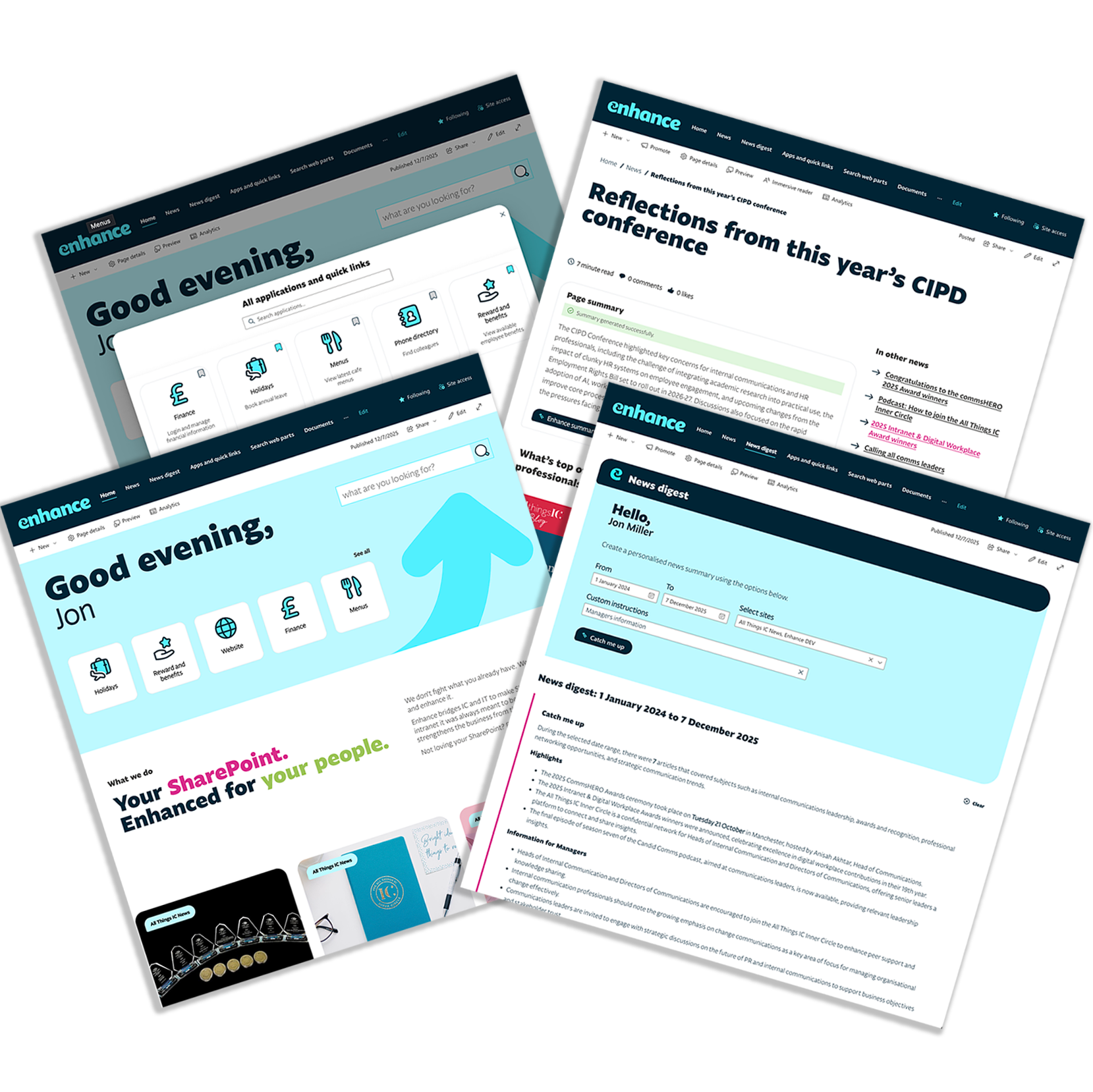 Screenshots of some pages with Enhance intranet web parts.